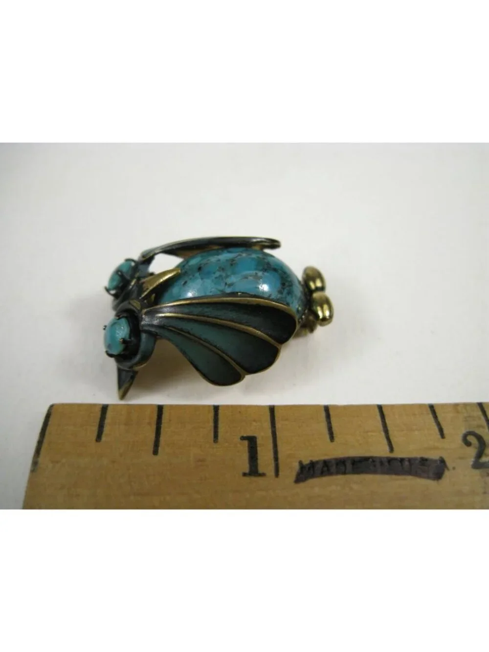 Vintage Turquoise Cabochon Enamel Owl Pin Brooch Germany Gold Tone 1 in 1960s